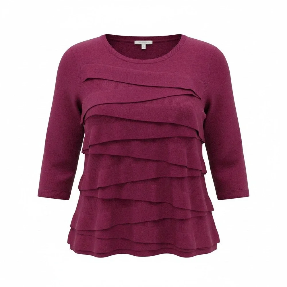 Vince Camuto Sweater Women 2X Maroon Tiered Ruffle Front 3/4 Sleeve Knit Top